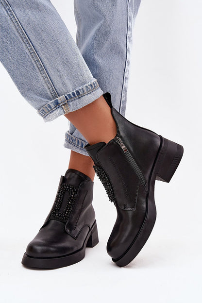 Elegant women's natural leather ankle boots by Step in Style featuring a block heel, zip fastening, and exquisite bead decoration, perfect for adding sophisticated charm to any outfit.