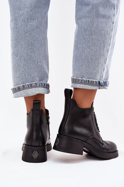 Elegant women's natural leather ankle boots with block heel and zipper feature from Step in Style, embellished with delicate bead decoration, perfect for any sophisticated outfit.