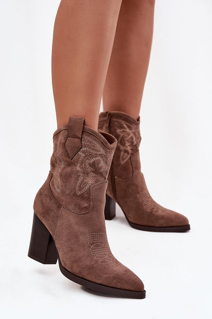 Luxury women's cowboy ankle boots by Step in Style made from eco suede, featuring a 9cm pillar heel and stylish zip closure for easy wear.