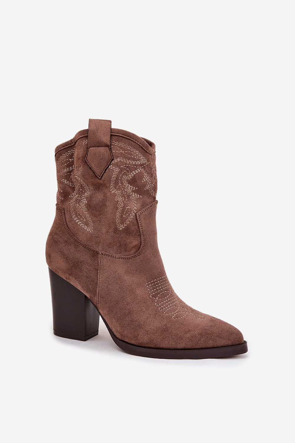 Luxury women's eco suede cowboy ankle boots by Step in Style, featuring a stable pillar heel and pointed toes, perfect for elegant and everyday wear.