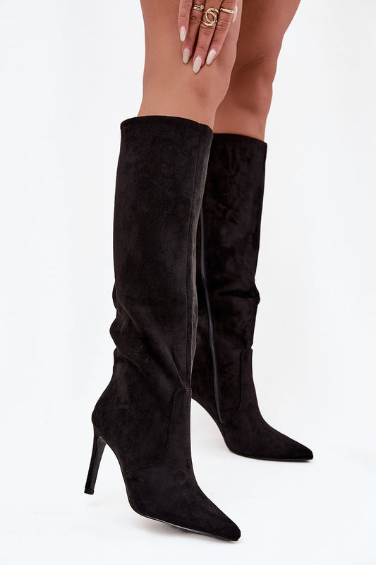 Elegant women's stiletto heel boots in soft eco suede by Step in Style, featuring a pointed toe design and a slender 9.5 cm heel for a chic silhouette.