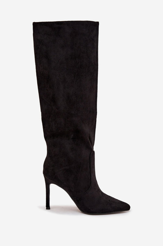 Luxurious women's pointed toe stiletto heel boots in soft eco suede from Step in Style, perfect for stylish evening outings with a side zipper for easy wear.