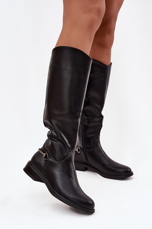 Stylish women's thigh-high eco leather boots with silver detail from Step in Style, perfect for elegant autumn-winter outfits.