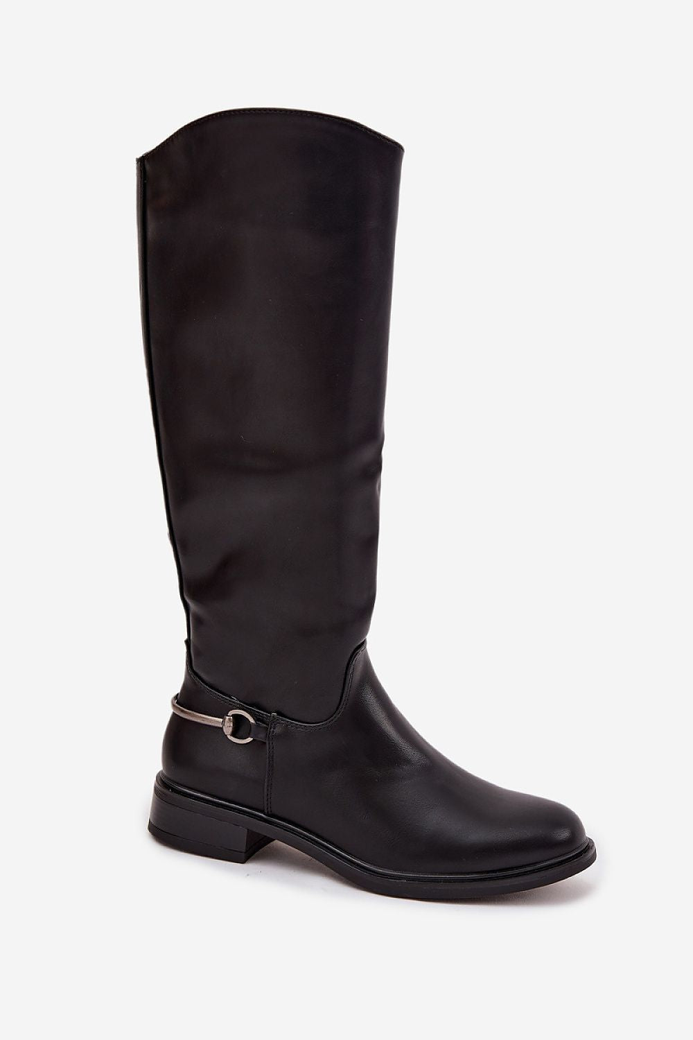 Close-up view of the luxurious eco leather material and silver detailing on women's thigh-high boots by Step in Style.