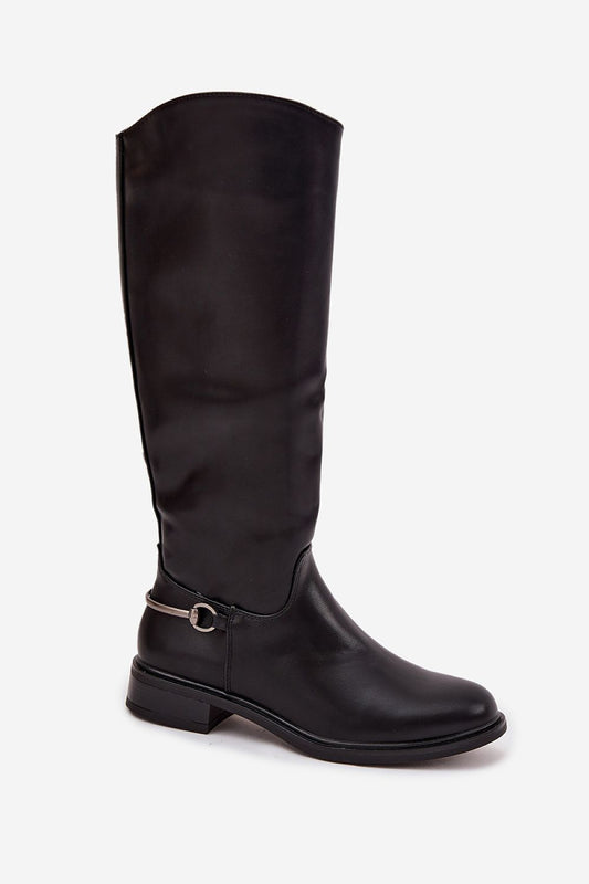 Close-up view of the luxurious eco leather material and silver detailing on women's thigh-high boots by Step in Style.