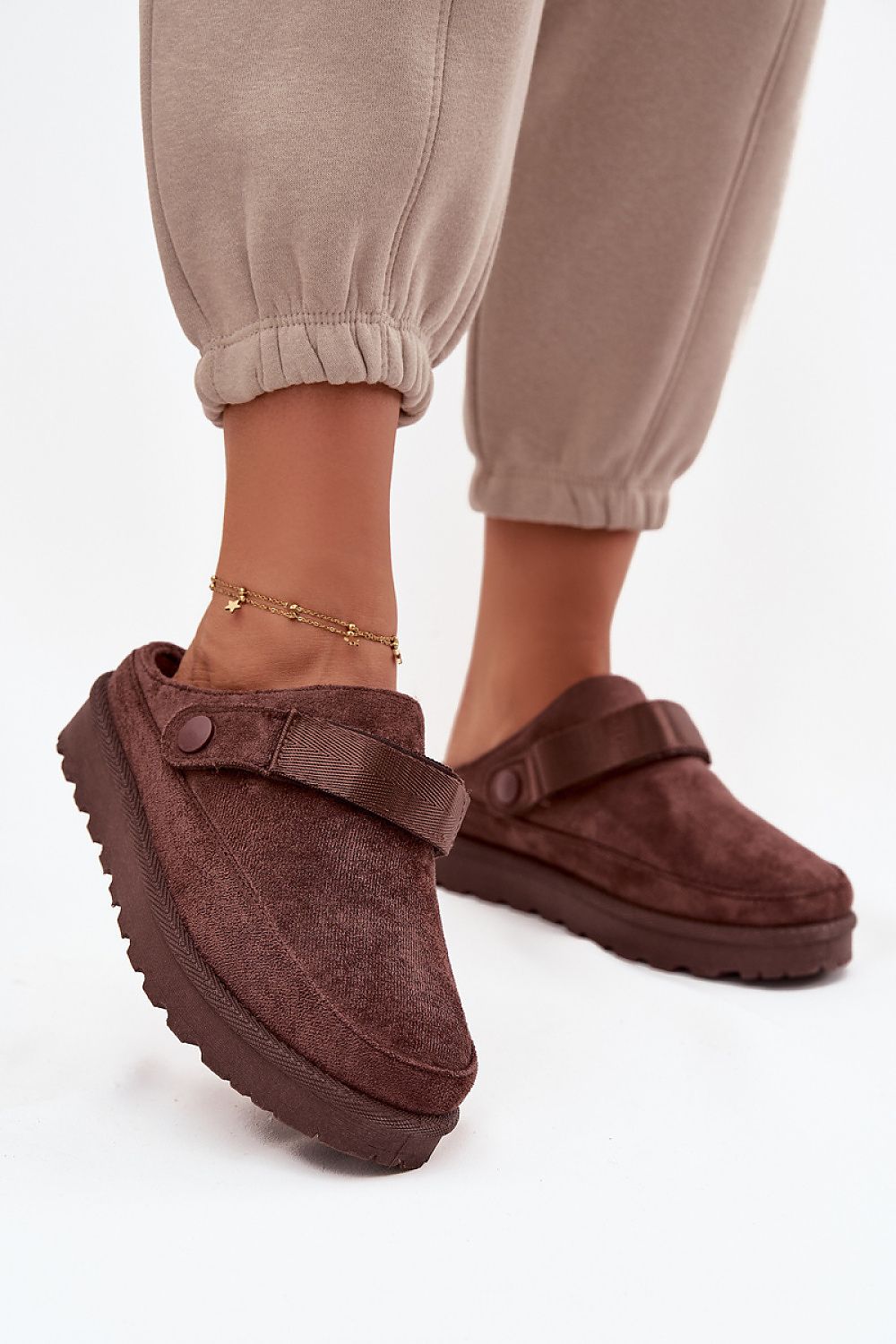 Luxury eco suede slippers for women with a plush fur interior, featuring an adjustable velcro strap by Step in Style.