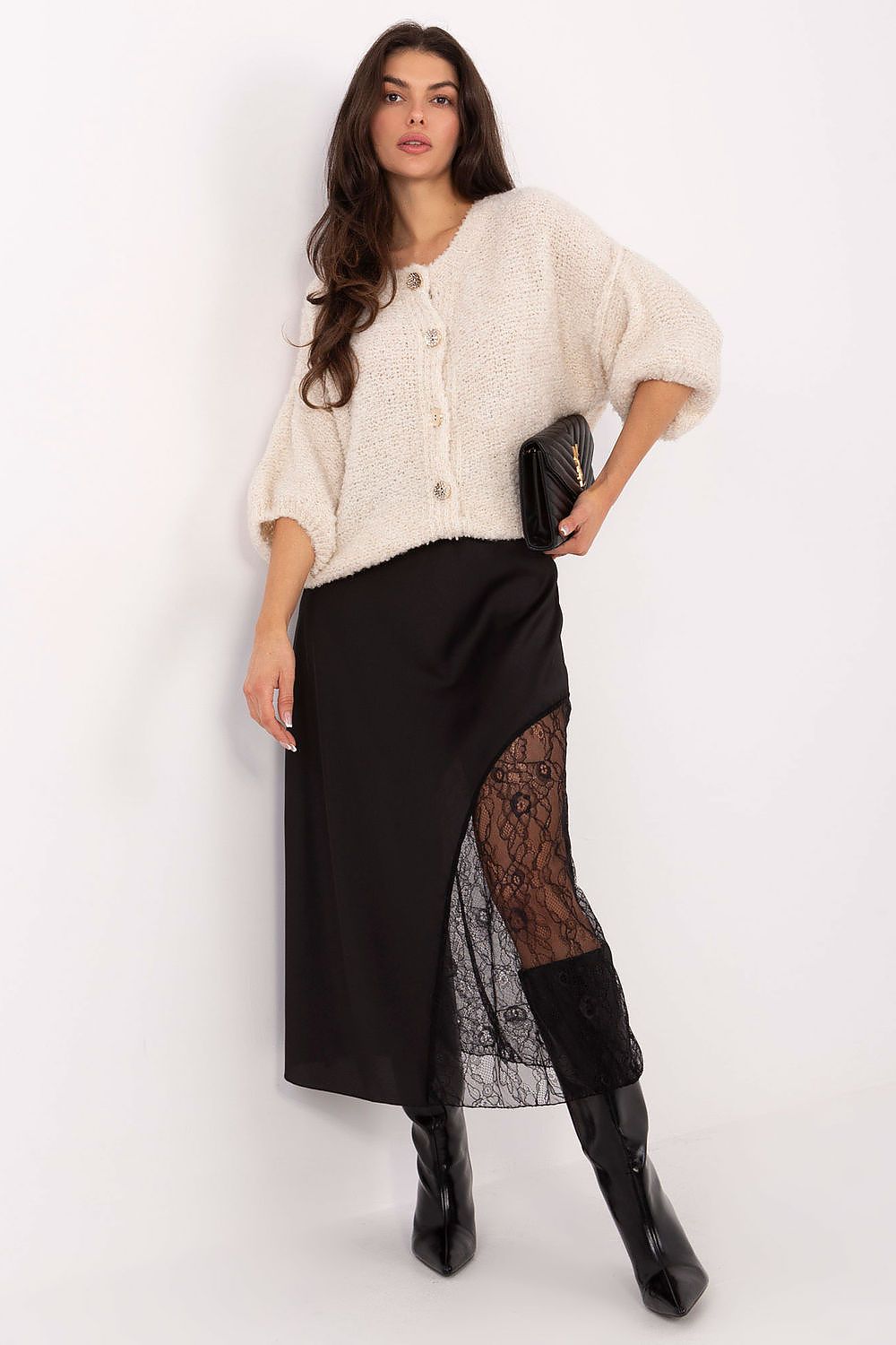 Elegant flared midi skirt by Rue Paris featuring a lace insert, perfect for a luxurious feminine silhouette.