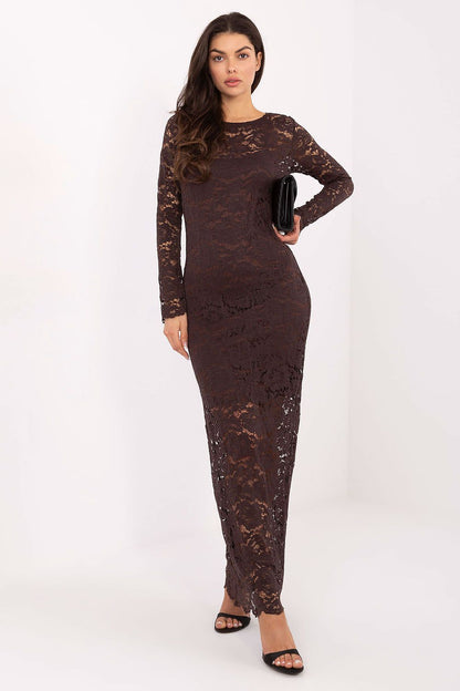 Model wearing the Rue Paris Elegant Lace Maxi Dress, highlighting the flattering silhouette and graceful drape.