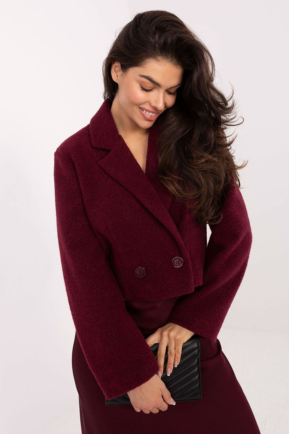 Elegant women's double-breasted short coat by Rue Paris, showcasing a stylish collar and luxurious polyester finish, perfect for autumn-winter fashion.