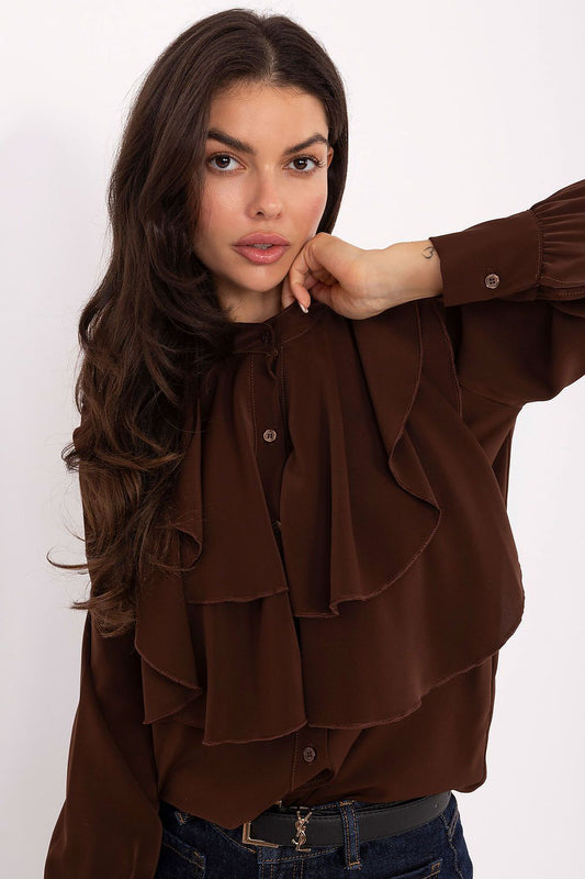 Elegant women's collarless long sleeve shirt by Rue Paris, crafted in a soft viscose polyester blend, showcasing a stylish round neckline and subtle frill detail.