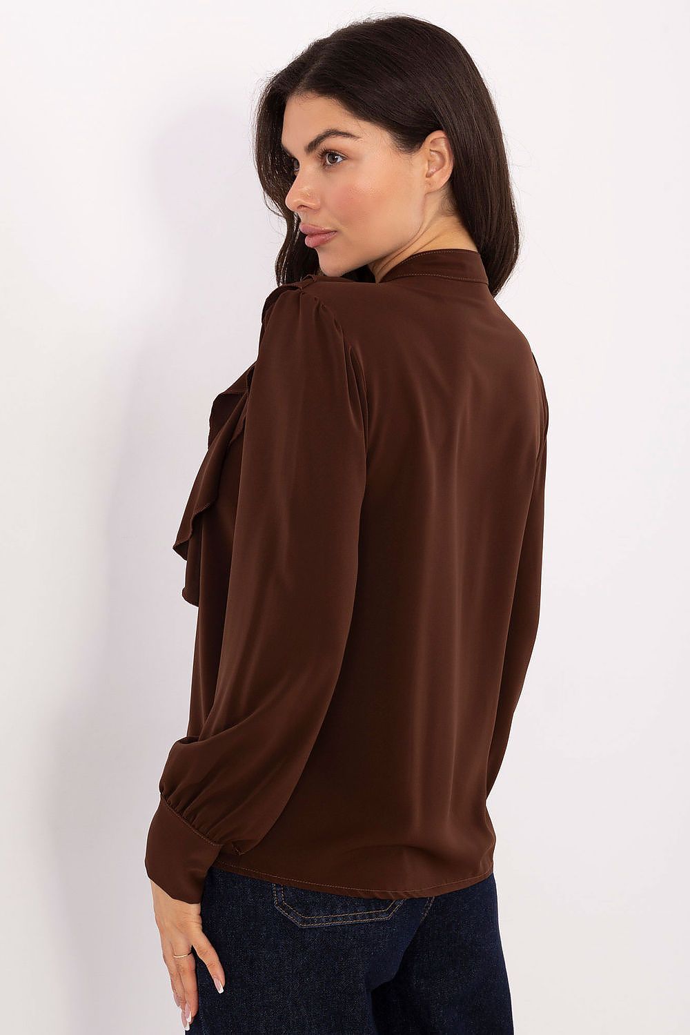 Luxurious women's long sleeve collarless shirt by Rue Paris, designed for a flattering silhouette, perfect for both casual and formal occasions.