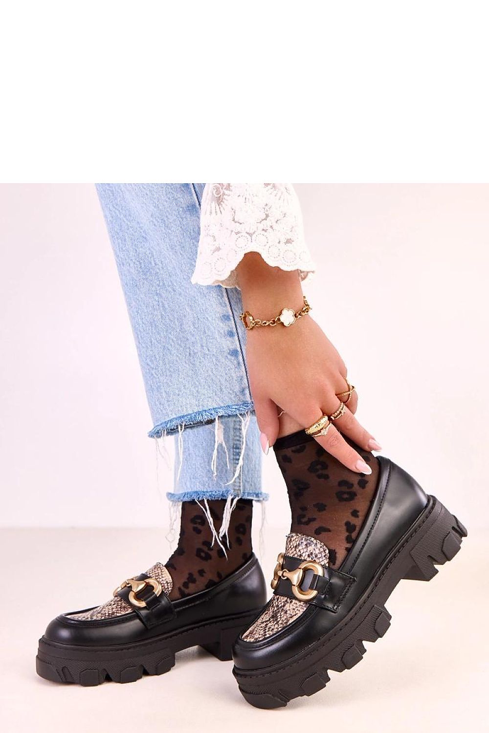 Solea Elegant Moccasins in Eco-Leather with 4.5 cm Heel, Stylish Animal Motif and Gold Details, Perfect for Sophisticated Casual Looks, Available in EU Sizes 36-41