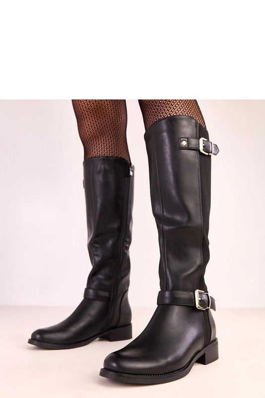 Luxury knee-high eco-leather boots by Solea featuring decorative buckles, a stable 4.5 cm heel, and an elegant design suitable for various occasions.