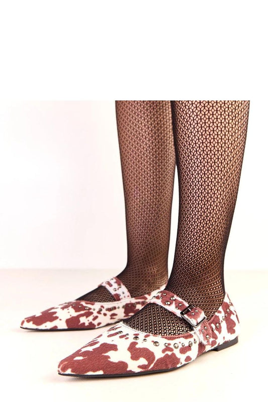 Elegant eco-suede ballet flats with buckle and chic cow patch pattern by Solea, showcasing a sleek pointed toe and stylish studs.