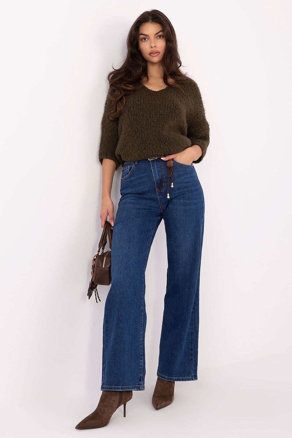 Elegant women's high-waisted straight leg jeans in luxurious denim fabric by Factory Price, showcasing a timeless silhouette that emphasizes comfort and style.