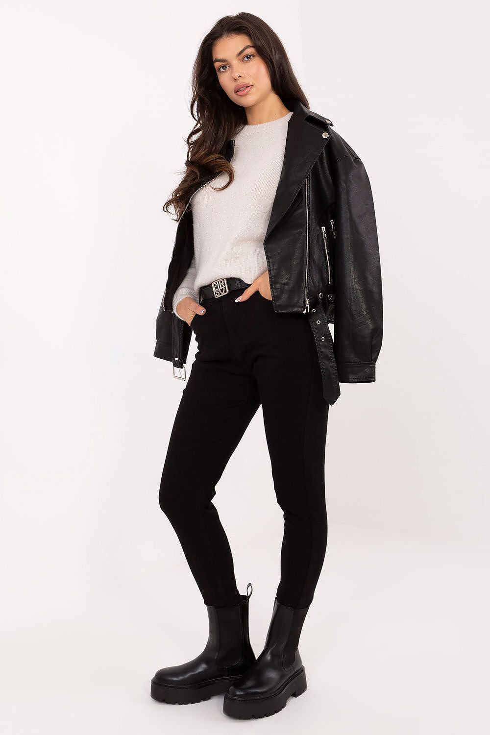 Close-up of luxury women's skinny fit jeans, featuring high waist design and premium fabric blend by Factory Price.