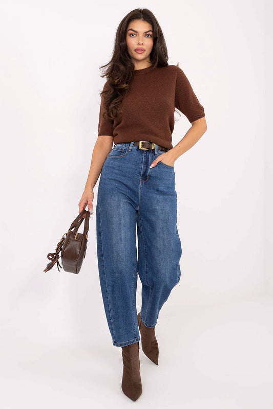 Elegant women's balloon fit high-waisted jeans in chic styling features by Factory Price, showcasing soft cotton-blend fabric and feminine silhouette.