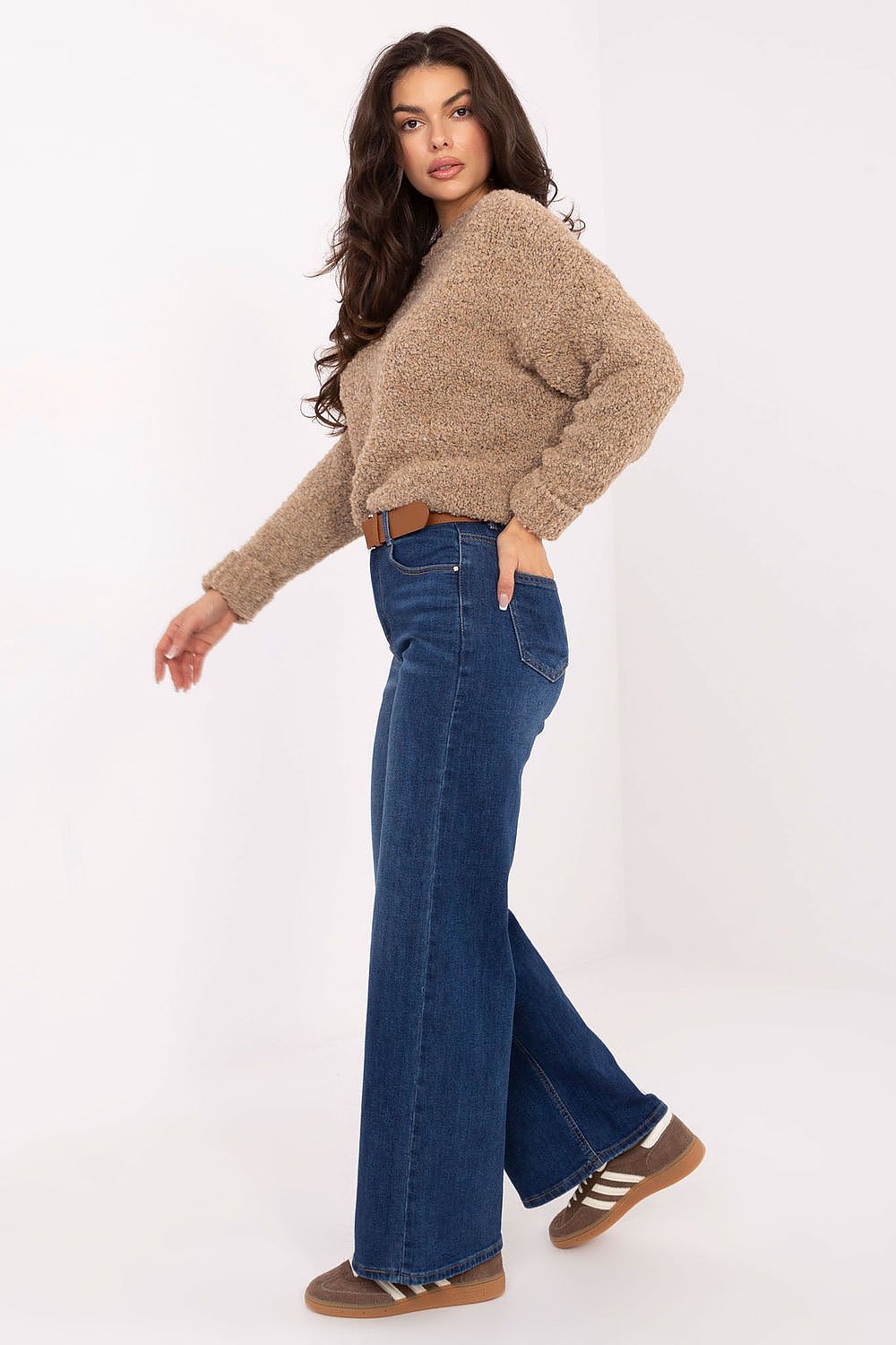 Detail of women's straight leg jeans by Factory Price showcasing the belted waist and classic design, ideal for sophisticated casual wear.