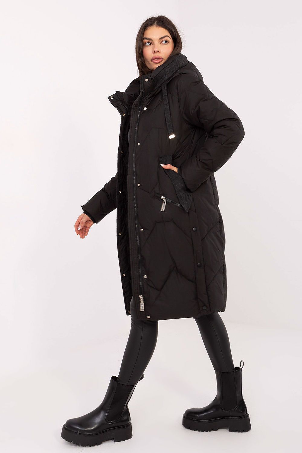 MBM Women’s Long Down Jacket displayed on model, illustrating its flattering silhouette and casual yet chic look for autumn and winter outings.