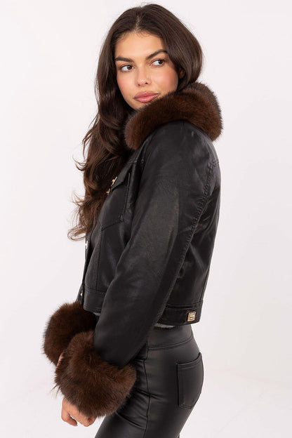 Elegant close-up of MBM's women's faux leather jacket featuring a soft fur lining for a warm and sophisticated look.
