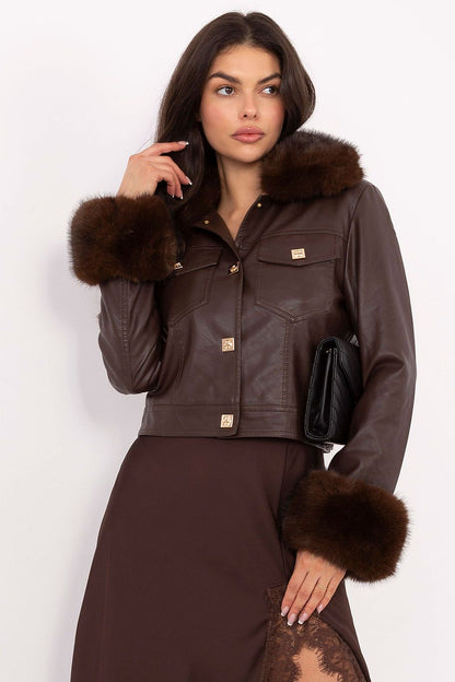 Stylish women's faux leather jacket by MBM featuring cozy fur lining and elegant snap fasteners.