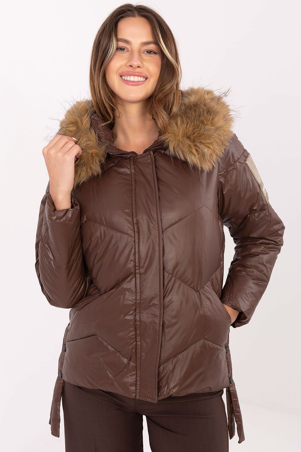 Stylish women's down jacket with detachable fur hood from MBM, perfect for autumn and winter seasons, showcasing warmth and elegance.