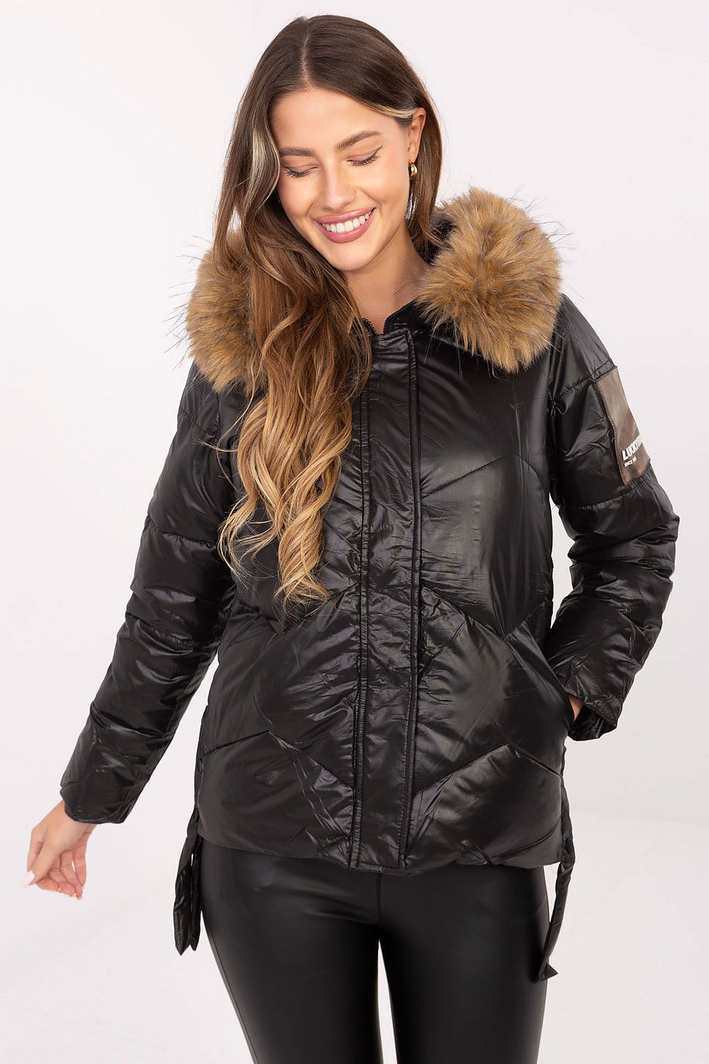 Stylish women's down jacket by MBM featuring a detachable fur hood, designed for warmth and elegance in autumn/winter fashion.