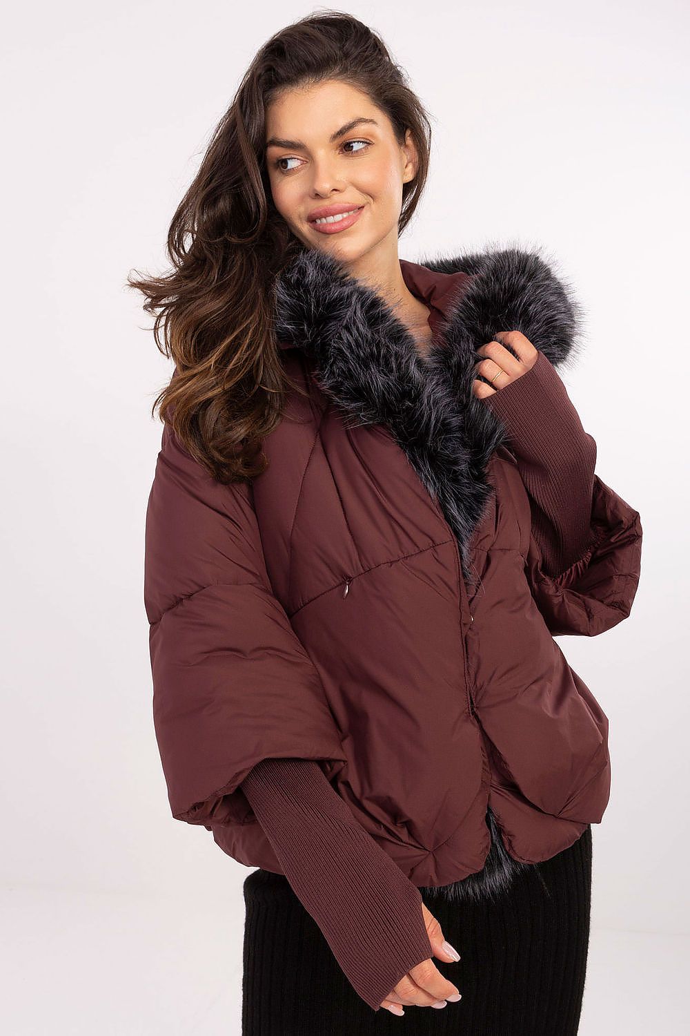 Luxurious MBM Women's Quilted Down Jacket in elegant design with detachable faux fur hood, ideal for sophisticated autumn and winter styling.