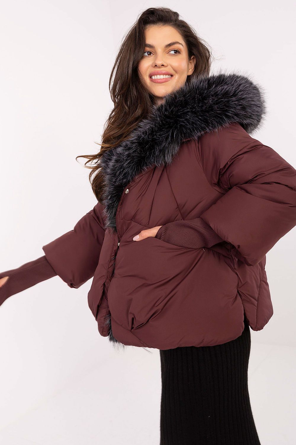 Close-up of the MBM Women's Quilted Down Jacket with stylish wide detachable cuffs, showcasing luxury winter fashion.