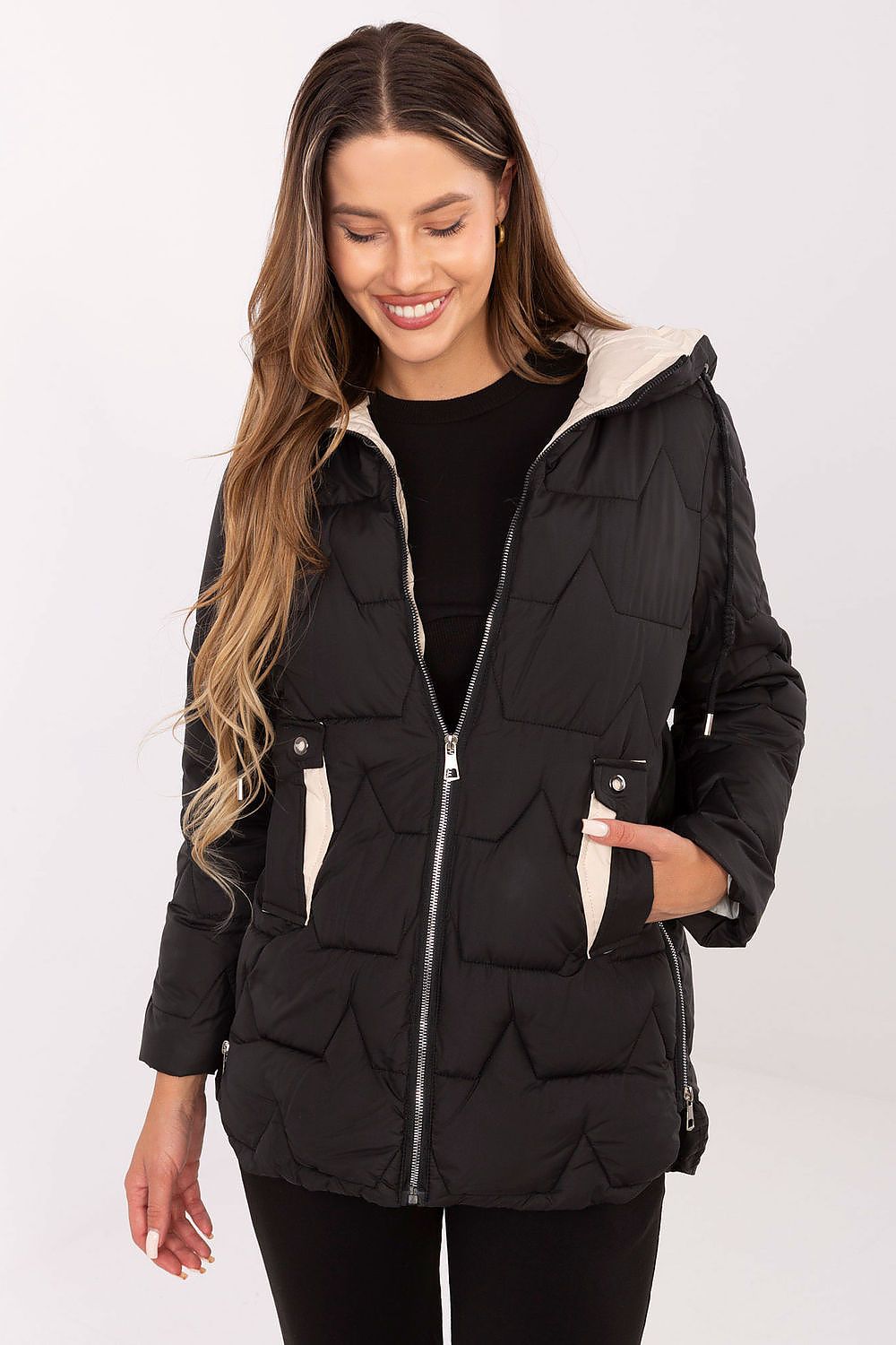 Luxury women's down jacket by MBM with detachable hood, showcasing elegant quilted design ideal for autumn, winter, and spring wear.
