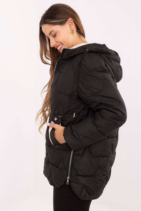 Close-up of MBM women's down jacket in luxurious polyester fabric, highlighting the practical zipper and convenient pockets for everyday use.