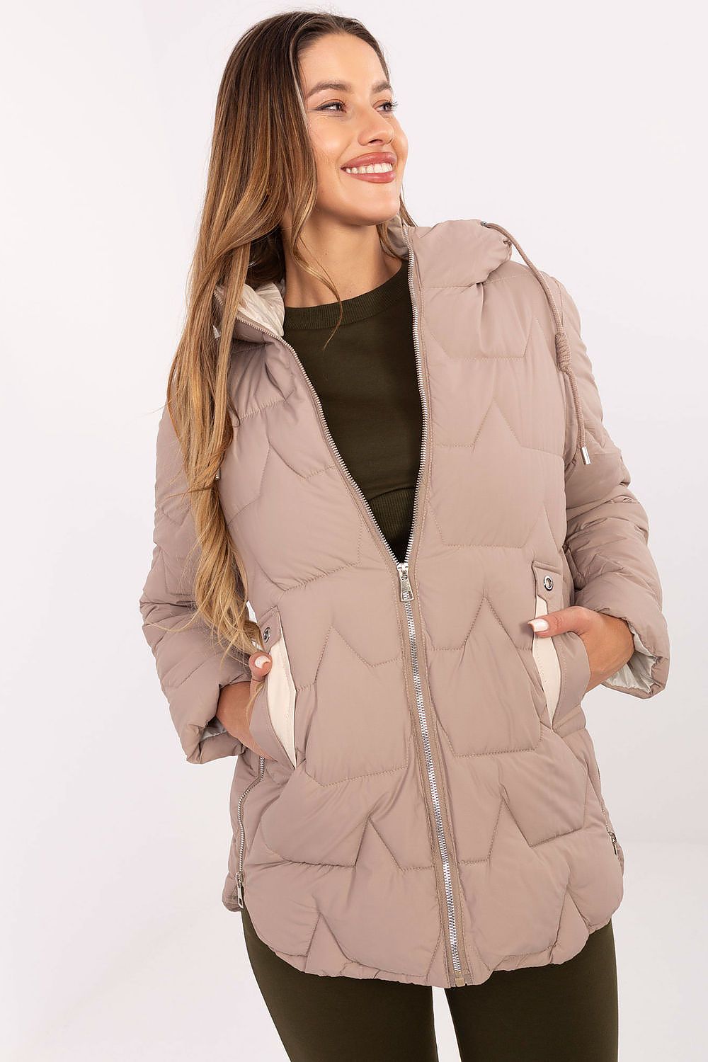 Stylish MBM down jacket for women, highlighting the smooth polyester fabric and synthetic insulation for warmth, designed to provide all-day comfort during colder months.