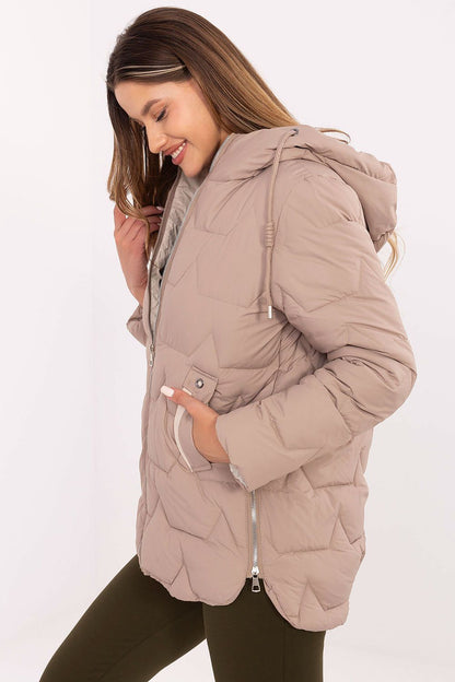 Practical and chic women's down jacket from MBM, showcasing long sleeves, detachable hood, and convenient zippered pockets ideal for quick outings.