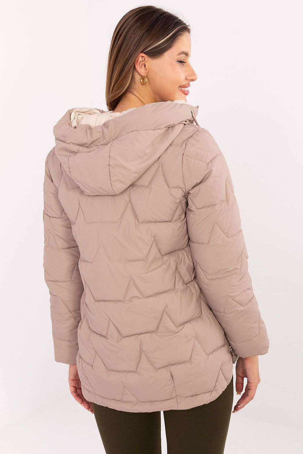 Luxurious women's down jacket by MBM featuring a detachable hood, perfect for autumn, winter, and spring seasons, with elegant quilted design and available in sizes M to XXL.