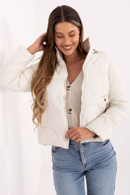 Luxury women's down jacket by MBM featuring a detachable hood, ideal for transitional seasons like autumn and spring, made from smooth polyester with optimal thermal comfort.