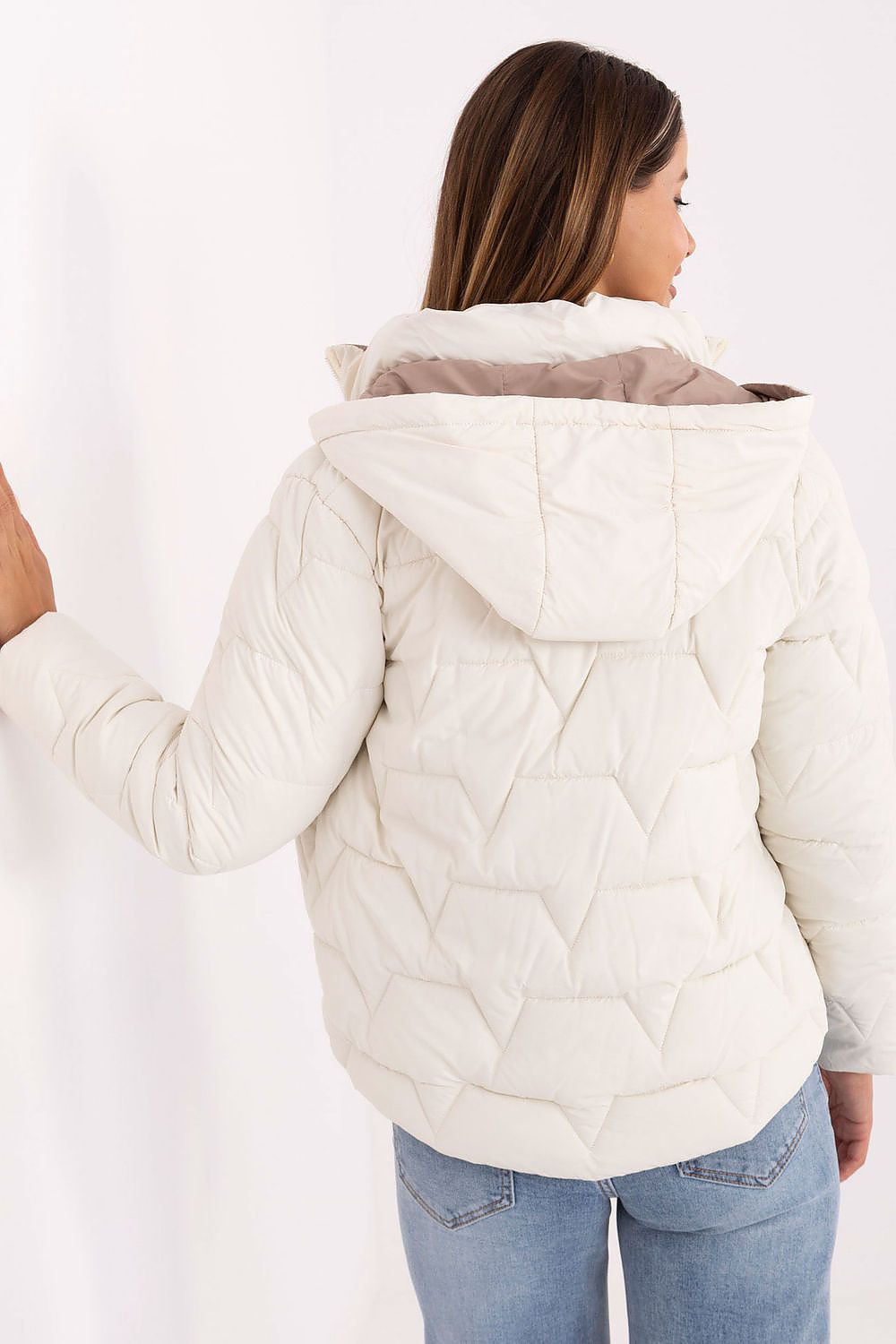 Elegant women's down jacket by MBM, featuring a detachable hood, designed for transitional seasons with a luxurious polyester fabric and optimal thermal comfort.