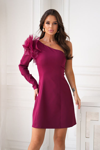 Elegant fitted mini dress with floral accent from Bicotone, showcasing a decorative rose on the shoulder.