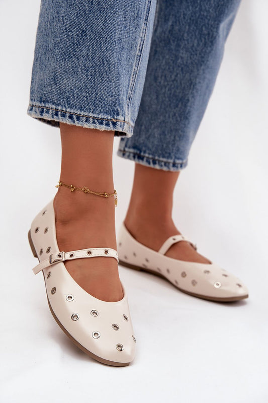Elegant women's eco leather ballet flats by Step in style featuring an adjustable strap and decorative rings, perfect for stylish everyday wear.