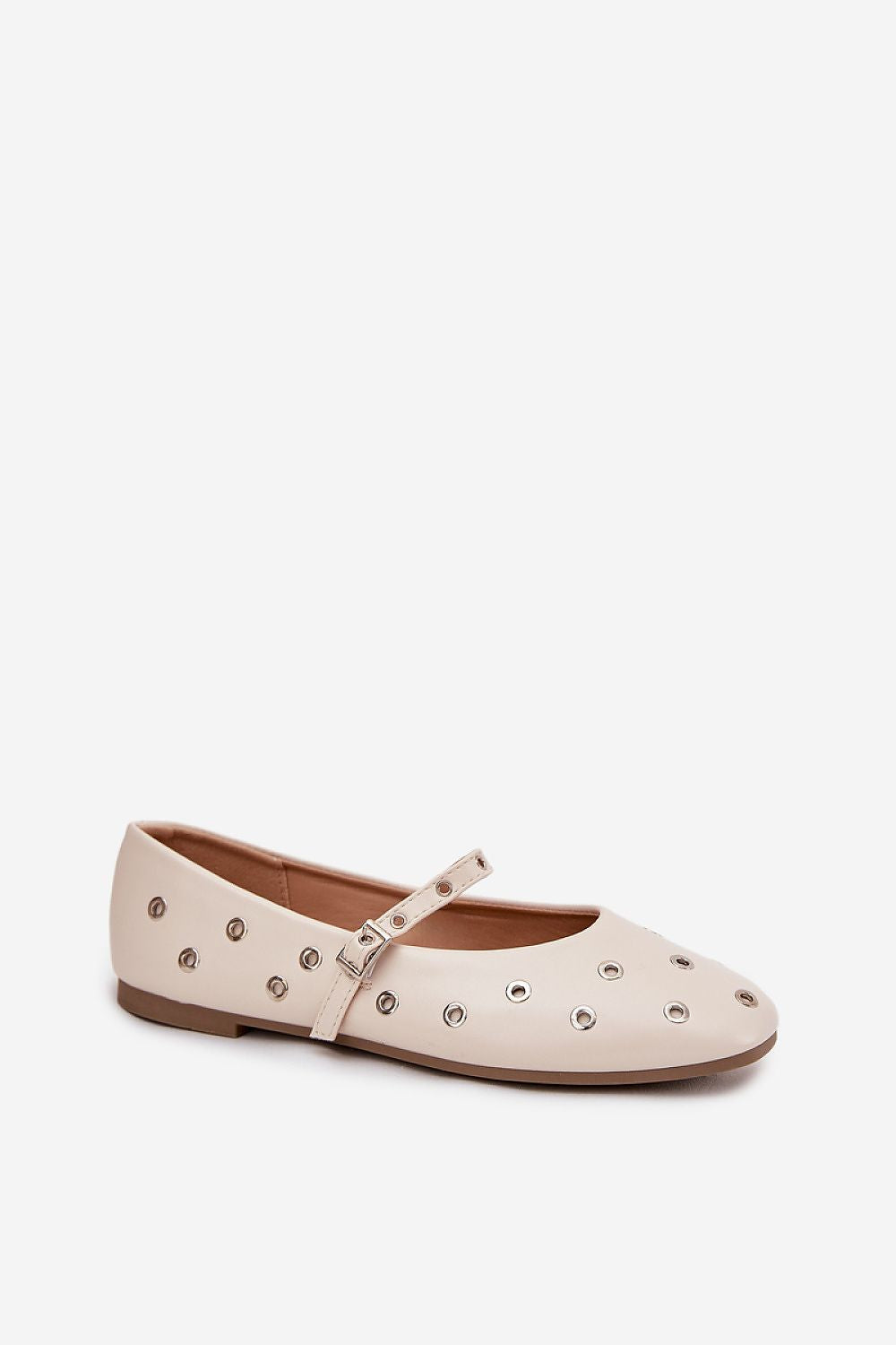 Comfortable and stylish eco-leather ballet flats with adjustable strap designed by Step in Style, showcasing decorative circle details for a chic look.