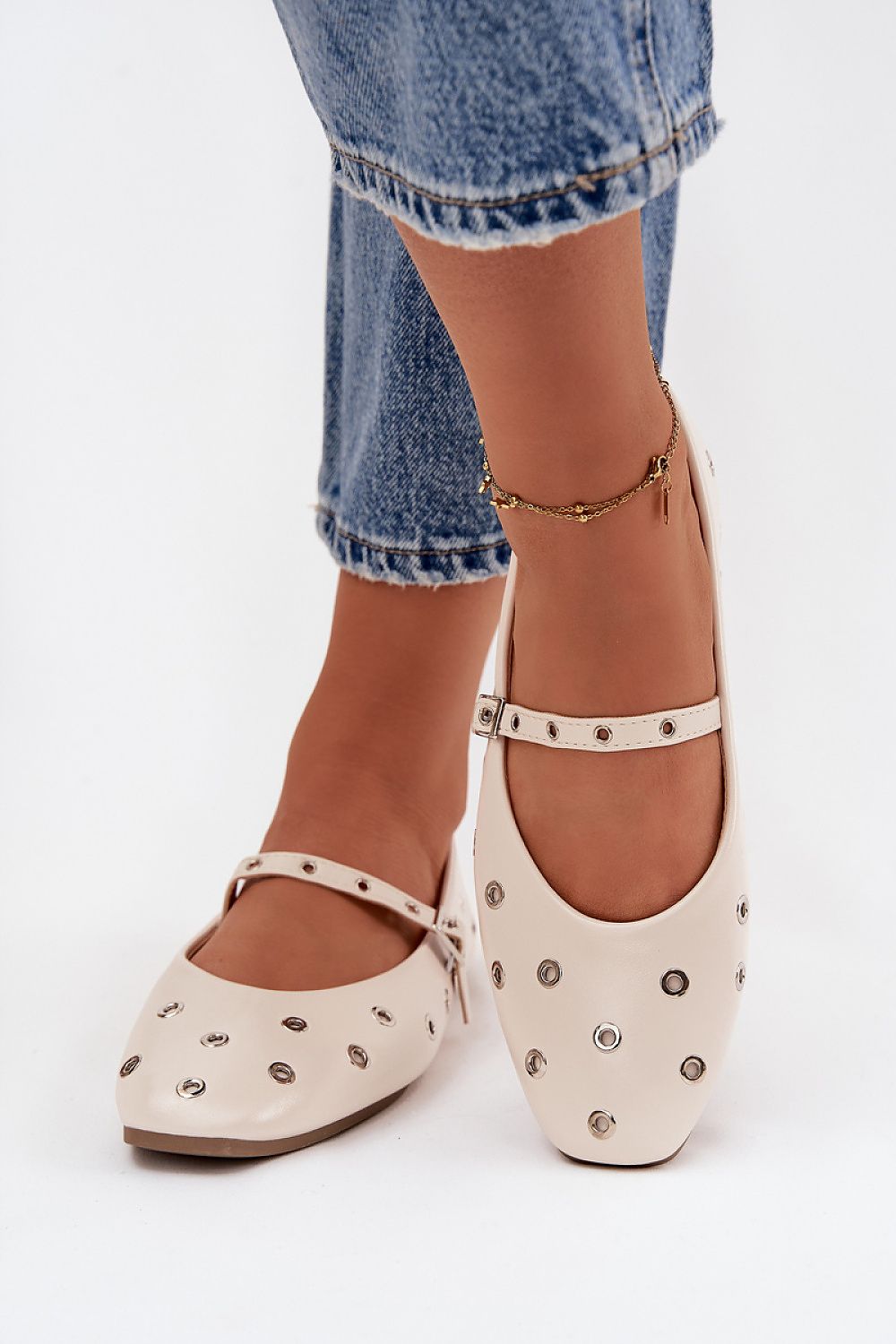 Elegant women's eco leather ballet flats by Step in Style, featuring an adjustable strap and decorative rings, available in sizes EU 36-41, perfect for luxurious everyday wear.