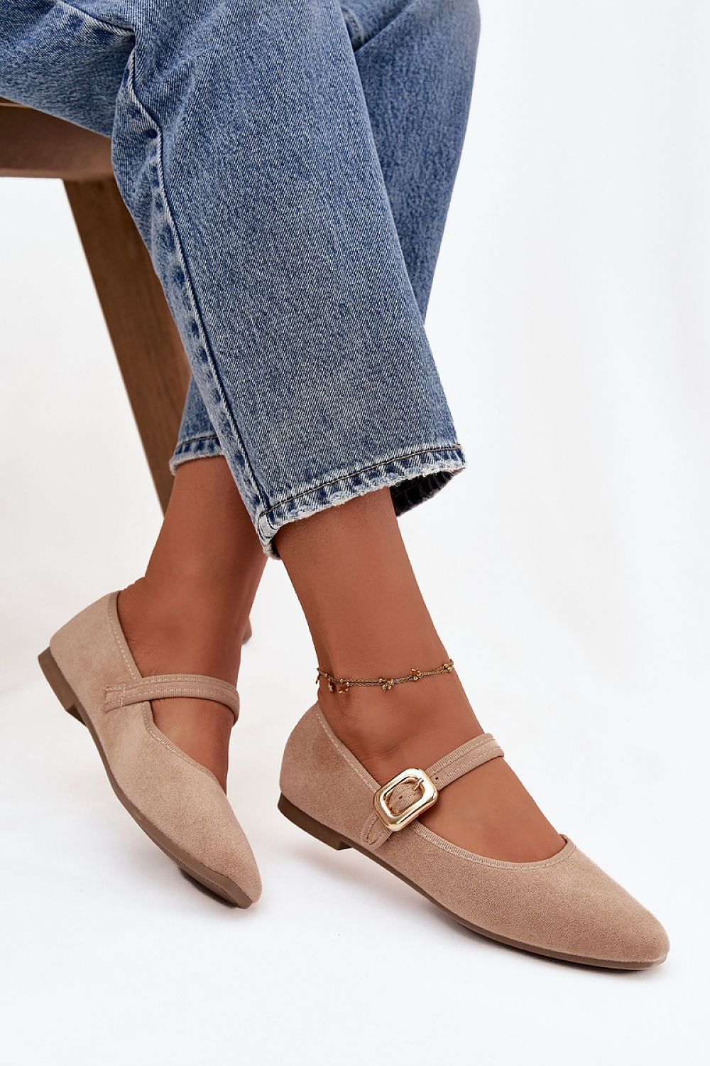 Chic ballet flats from Step in Style, crafted in eco suede with a classic gold buckle, ideal for stylish outfits.