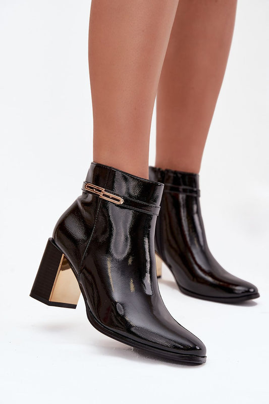 Elegant Women's Ankle Boots in patent eco leather with gold detail by Step in Style, showcasing a glamorous design with a stable pillar-type heel and zipper closure.