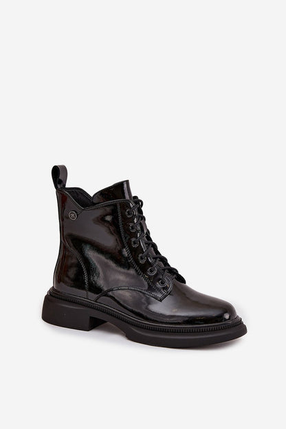 Close-up view of luxurious natural patent leather women's ankle boots from Step in Style, showcasing the stylish design and meticulous craftsmanship.