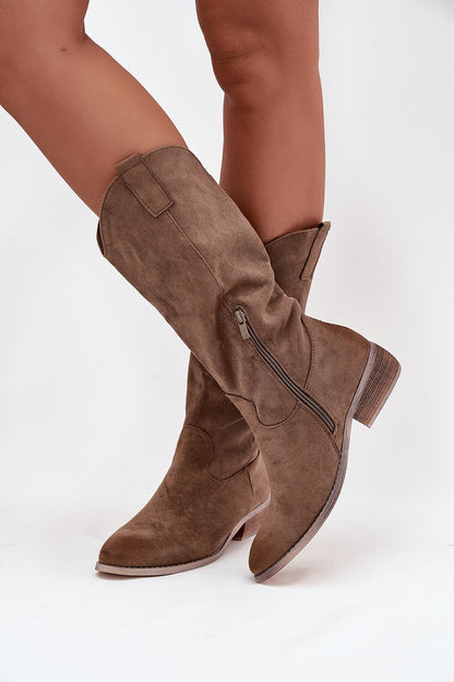 Various sizes of women's eco suede cowboy boots by Step in Style, featuring a low heel for ultimate comfort and style.