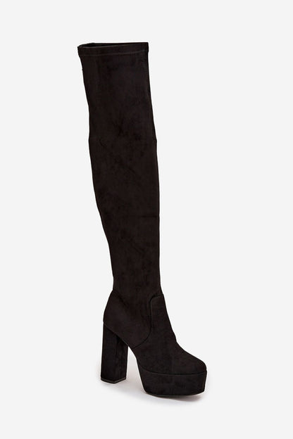 Stylish side view of women's over-the-knee eco suede heel boots from Step in Style, showcasing their comfortable design, column heel, and fashionable appeal for any outfit.