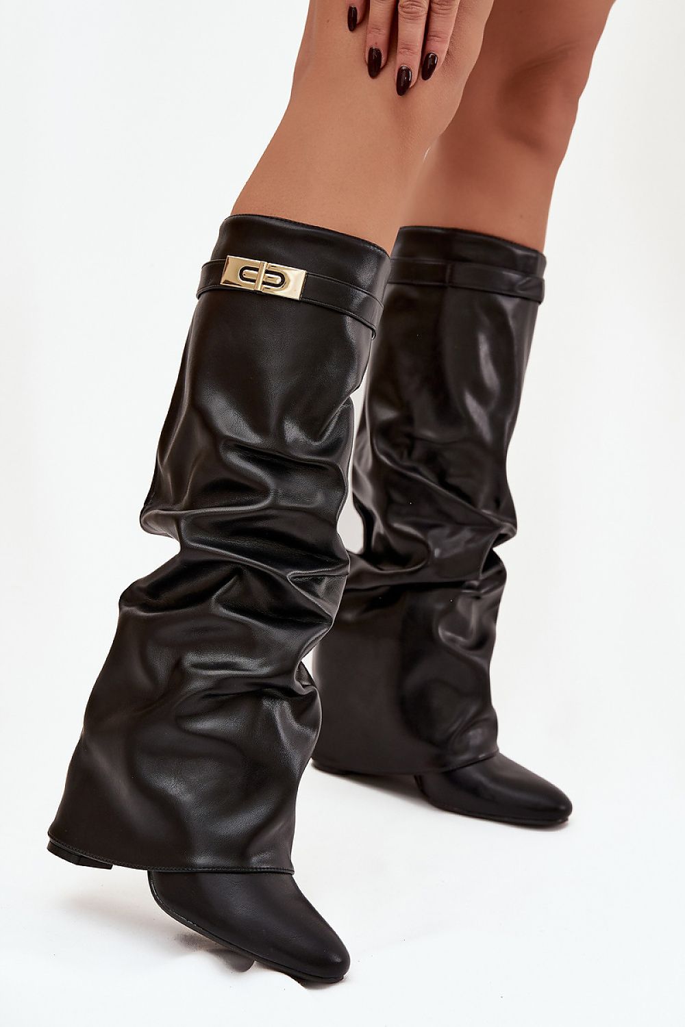 Elegant Women's eco-leather heel boots by Step in Style featuring a sophisticated ruched design and luxurious gold strap, perfect for adding a touch of glamour to any outfit.