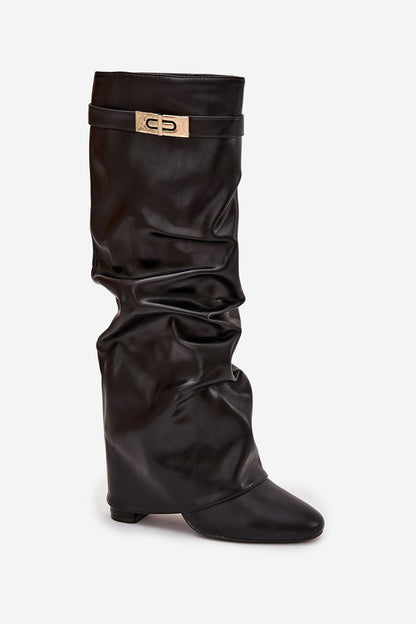 Stylish women's eco-leather knee high heel boots by Step in Style, showcasing a unique ruched upper and thermal comfort lining, perfect for a chic winter look.