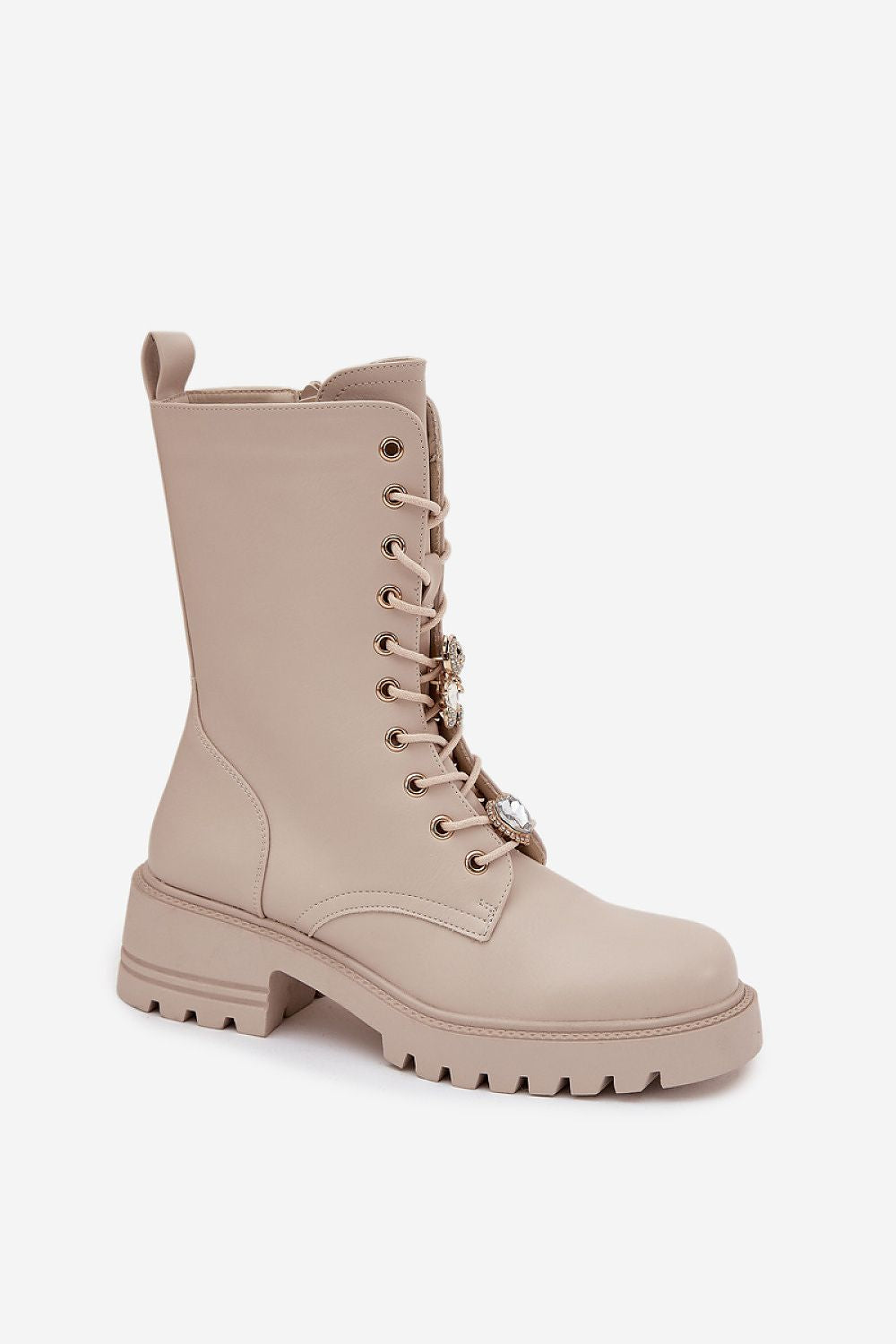 Chic and comfortable Step in Style Women's Workery Boots in eco leather, adorned with heart-shaped accessories, perfect for contemporary fashion.