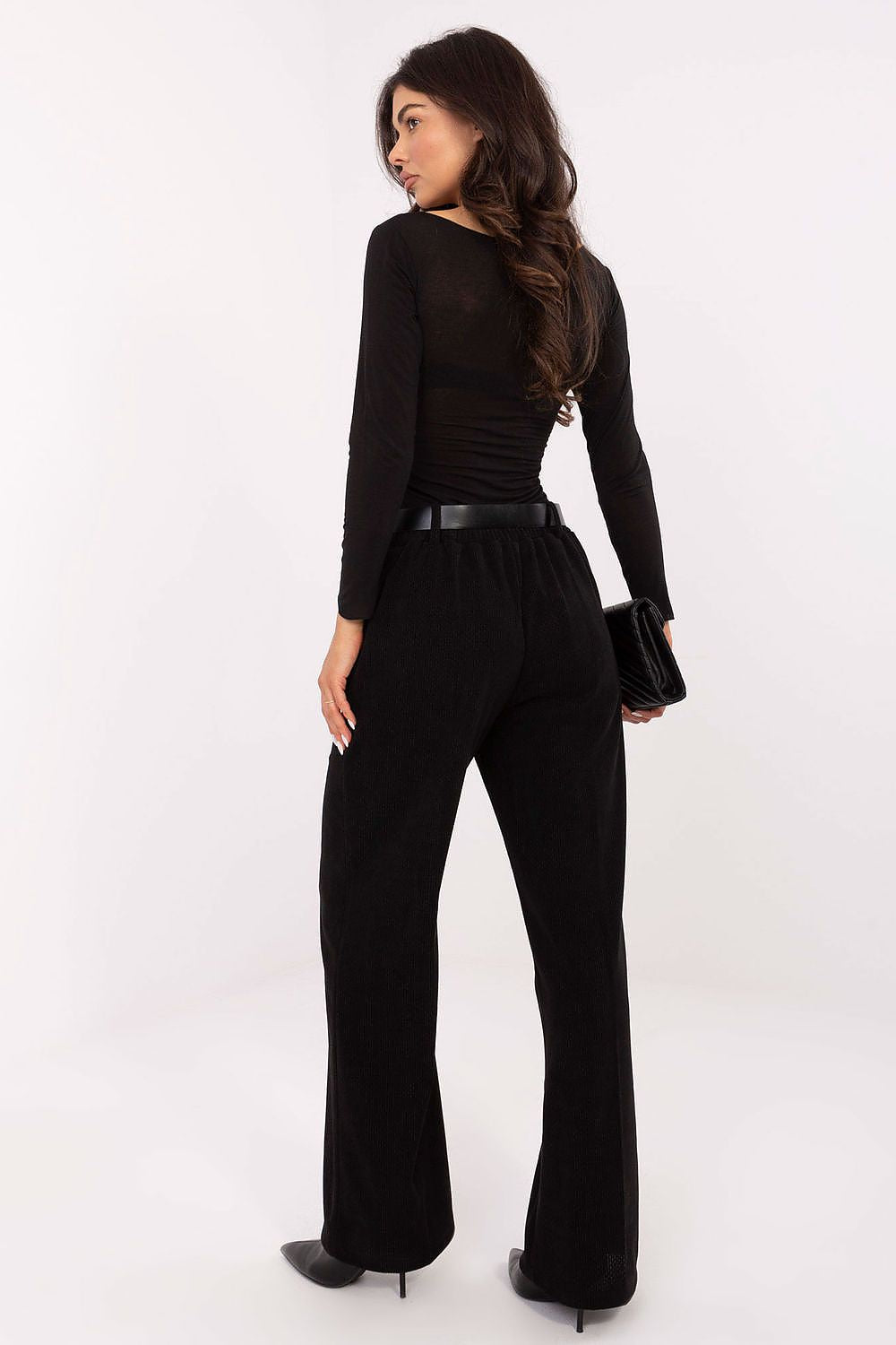 Model wearing Elegant Women's Wide Leg Corduroy Trousers from Italy Moda, demonstrating the exquisite fit and fashionable silhouette in a casual outfit.