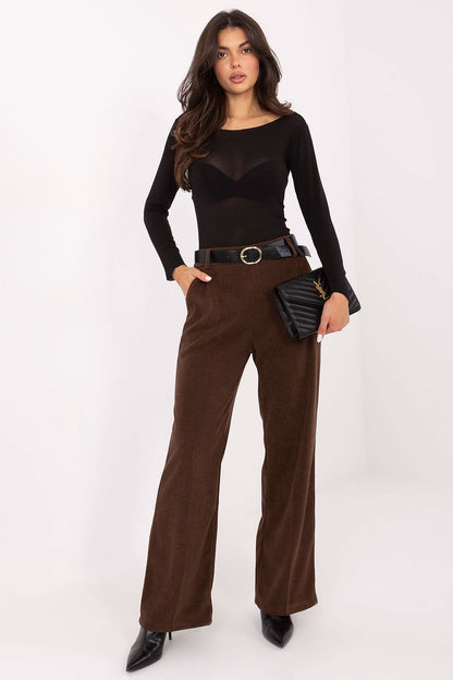Front view of Italy Moda's luxurious wide leg corduroy trousers, ideal for everyday wear or work outfits, paired with a loose sweater.